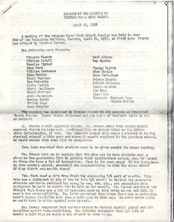 Faculty Minutes, Brigham Young High School
