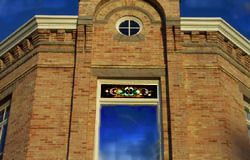 Ground-level view of BYH stained glass window