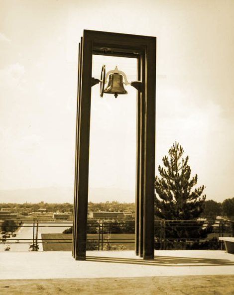 Old BYU Bell above George Albert Smith Fieldhouse